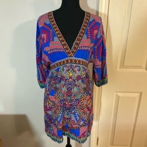 Charming Charlie Grey/Multi Paisley Boho Print 3/4 Sleeve Mini Dress, sz S